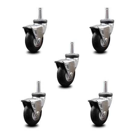 Service Caster 3 Inch Hooded Neoprene Rubber 3/8 Inch Grip Ring Stem Casters with Brakes, 5PK SCC-GR03S310-NPRB-BC-B-716138-5